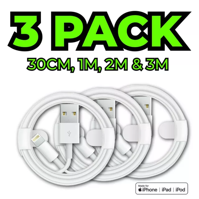Fast Charger 3 PACK USB cable for Apple iPhone 5 6 7 8 X XS XR 11 12 13 Pro iPad