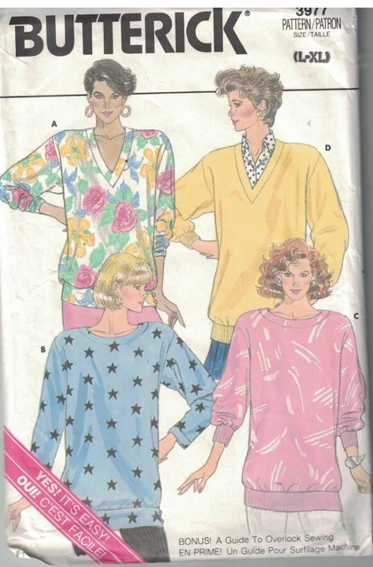 3977 Vintage Sewing Butterick Pattern Misses Loose Fitting Pullover Top 1980s