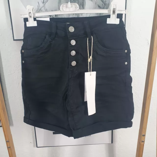 Jewelly Damen Shorts| kurze Twill Hose mit Umschlag Schmuck Knöpfe| Schwarz XS