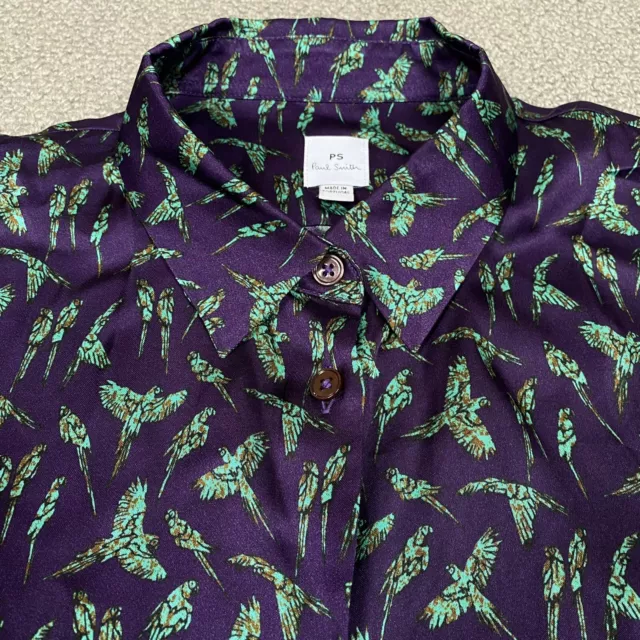 PS PAUL SMITH Shirt Womens Sz 46 UK 12 Blue Green Long Sleeve Bird Print Viscose