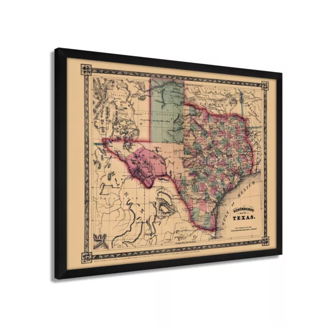 1866 Texas Map - Framed Vintage State of Texas Map Wall Art Poster Print