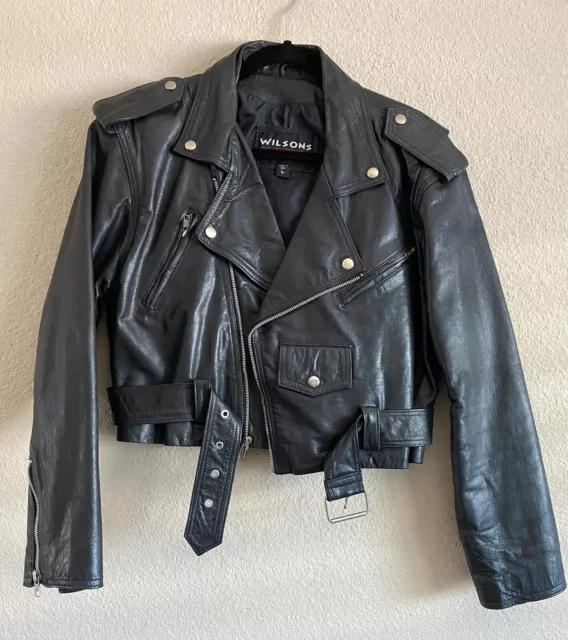 Wilsons Black Leather Crop Jacket Womens SzL EUC Biker Moto Punk 80s 90s Vintage