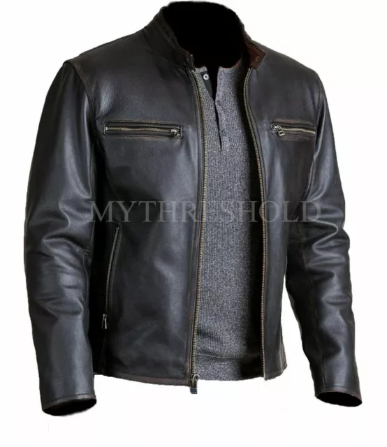 Men's Biker Motorcycle Cafe Racer Distressed Black Genuine Real Leather Jacket