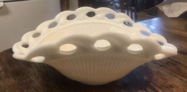 Vintage Milk Glass Ribbed Open Lace Fruit Banana Bowl Basket MINT Bent Dish Bowl