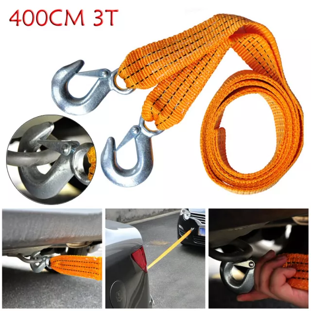 4M Heavy Duty 3 Ton Car Tow Cable Towing Pull Rope Strap Hooks Van Road Recovery