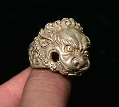 1.2" Rare Old Chinese Silver Dynasty Palace Animal Leo Lion Head Ring Rings