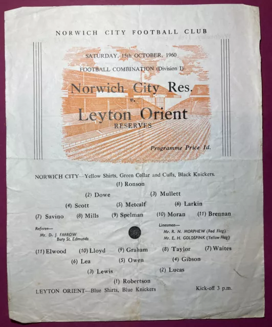 Norwich City Reserves v Leyton Orient Reserves (Combination) 1960/61