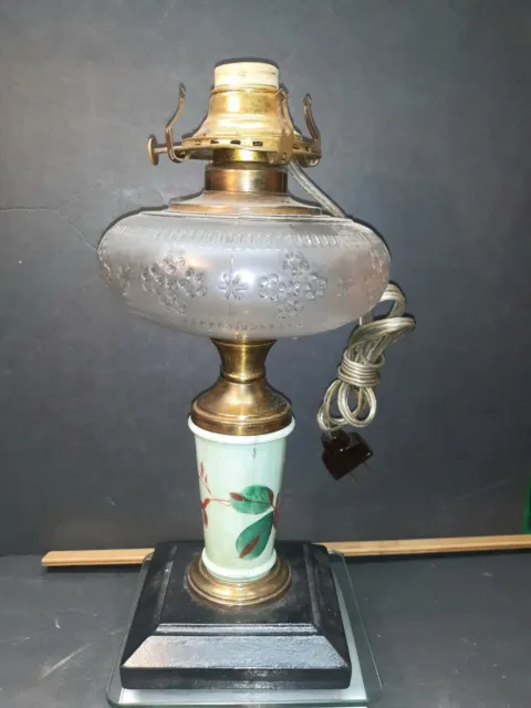 ANTIQUE ORIGINAL GLASS  OIL LAMP  Converted to Electric H.P.  FLORAL BASE  D-30