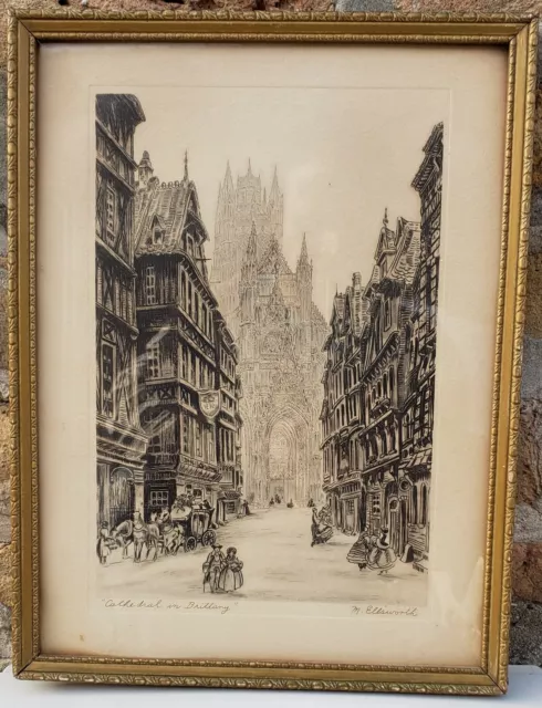 Vintage Cathedral In Brittany France M. Ellsworth signed below etching Framed 12