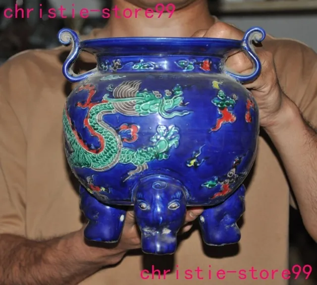 8.4'' Fahua color Blue glaze porcelain zodiac animal loong Incense burner Censer