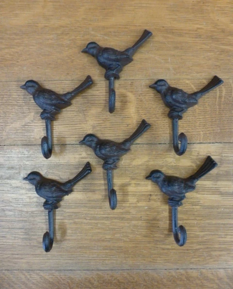 GROUP 6 BROWN BIRD WALL HOOKS 5" ANTIQUE-STYLE RUSTIC CAST IRON COAT KEY garden