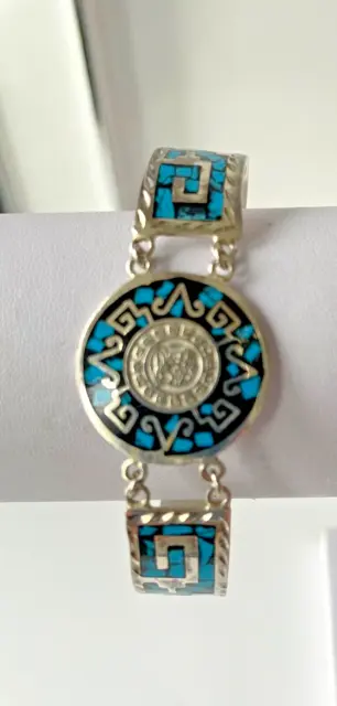 Vintage mexican aztec inlaid silvertone bracelet