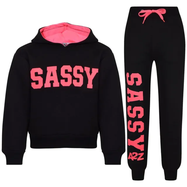 Kids Girls Tracksuit Sassy Print Black & Neon Pink Hooded Top Bottom Jog Suits