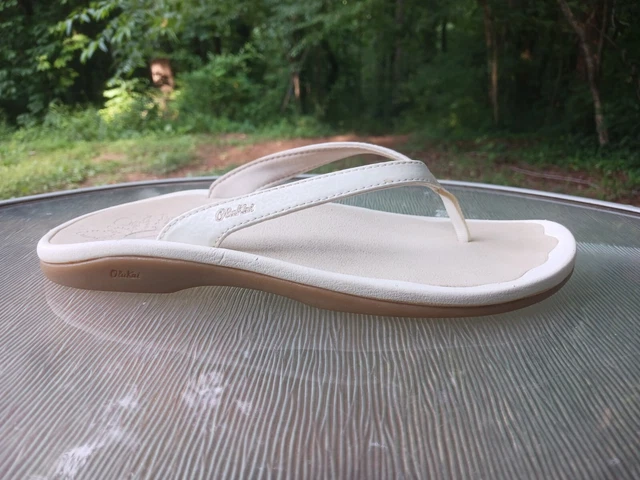 Women's Olukai Slide On White Leather Flip Flop Sandals Shoes Size 9.5