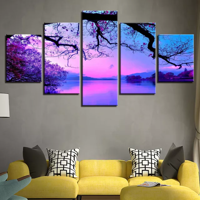 Purple Trees Lake Sunset Nature Landscape Painting 5 Panel Canvas Print Wall Art
