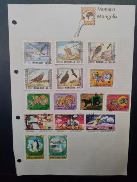 Mongolia Used - Page of 15 stamps   - Birds/Cats/Space/Antartica-1970/80's -