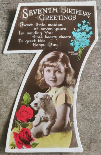 7 Seventh Birthday Greetings, Girl with dog. Vintage Birthday Card