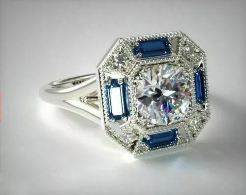 Art Deco Style 1.45Ct Lab Created Diamond & Sapphire Engagement 925 Silver Ring