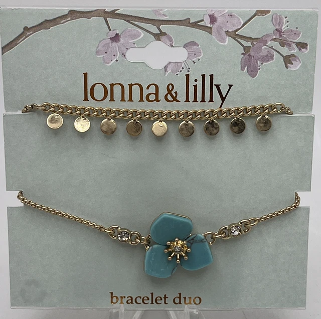 Lonna & Lilly Gold Tone Pull Chain Duo Bracelets NWT Teal Floral