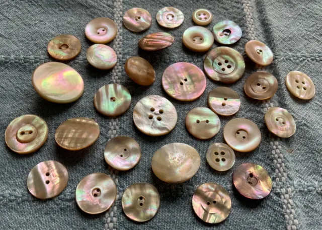 32 Antique Vintage Highly Iridescent MOP Buttons - Mother Pearl Shell - Old Lot