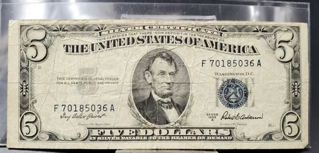 1953 A $5 Silver Certificate Blue Seal US Currency Bill AVG CIRC Neat Serial # 2