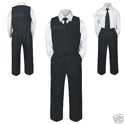 4pc Baby Toddler Kid Teen Boy Wedding 4pc Vest Suit Necktie Pants Set BLACK S-20