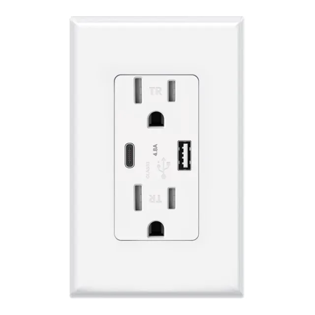 USB C Outlet Fast Charger 4.8A Duplex Receptacle 15A 125V Tamper Resistant