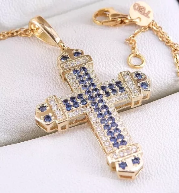 Women's Cross Chain Pendant Brilliant Diamond, Sapphire,750 Yellow Gold 18K New