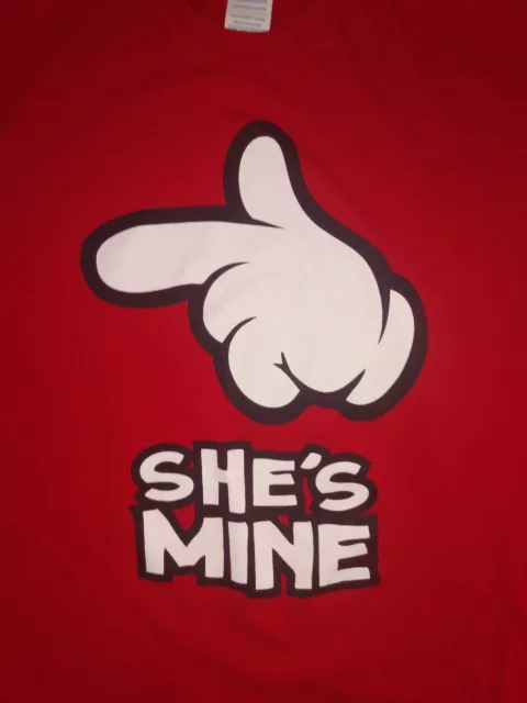 DISNEY SHE’S MINE Graphic T-Shirt RED Size Adult Medium Mickey Minnie ...