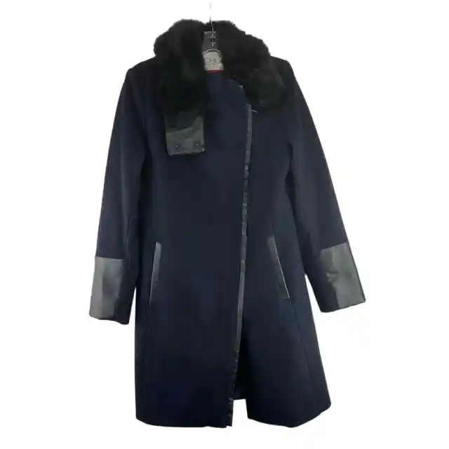 Rachel Roy Coat Womens Size M Navy Removable Faux Fur Collar Wool Blend Full Zip