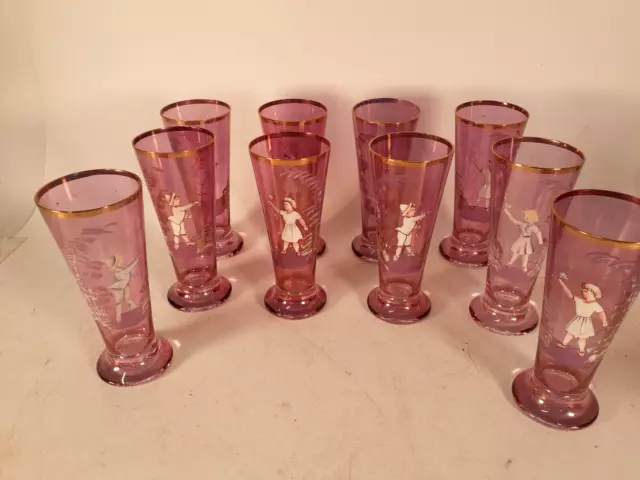 Rare Set of 8 Bohemian Mary Gregory Pink Glass Tumblers, 7"T, Circa 1900