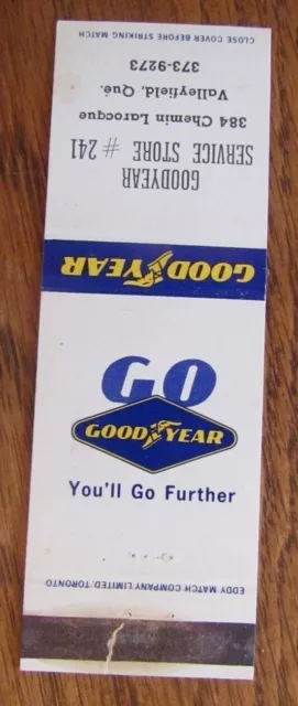 GOODYEAR TIRES MATCHBOOK COVER: VALLEYFIELD, QUEBEC EMPTY 1970s MATCHCOVER -D2