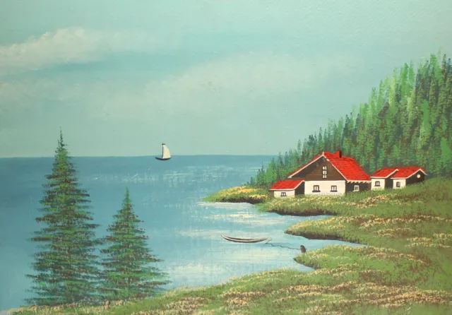 Vintage impressionist oil painting landscape seascape boat seaside house