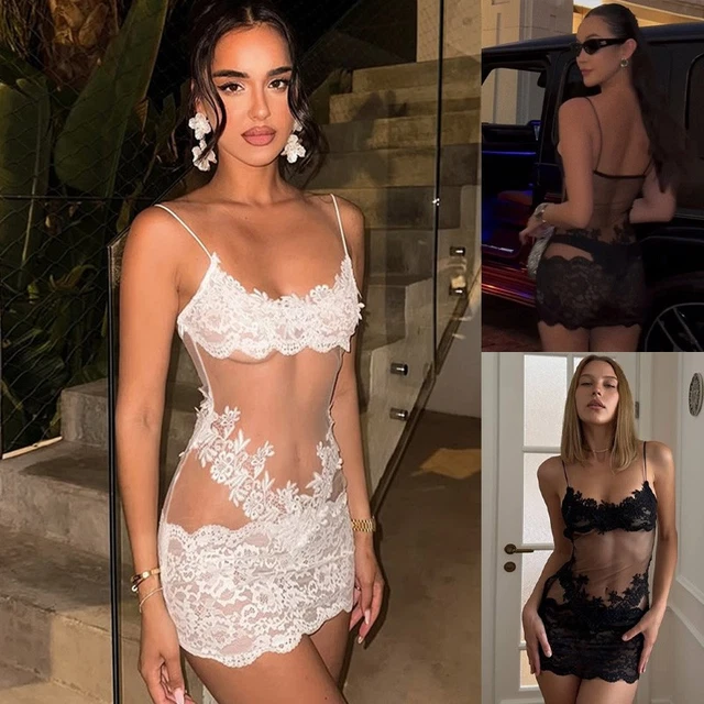 WOMEN SEXY MESH See Through Strappy Lace Ladies Evening Party Bodycon Mini  Dress 15.59 - PicClick UK