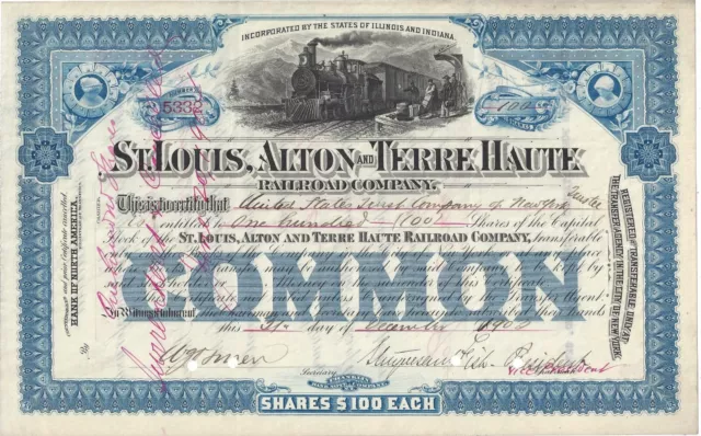 Stk  St. Louis, Alton & Terre Haute RR 1902 S/P Stuyvesant Fish  Green Common