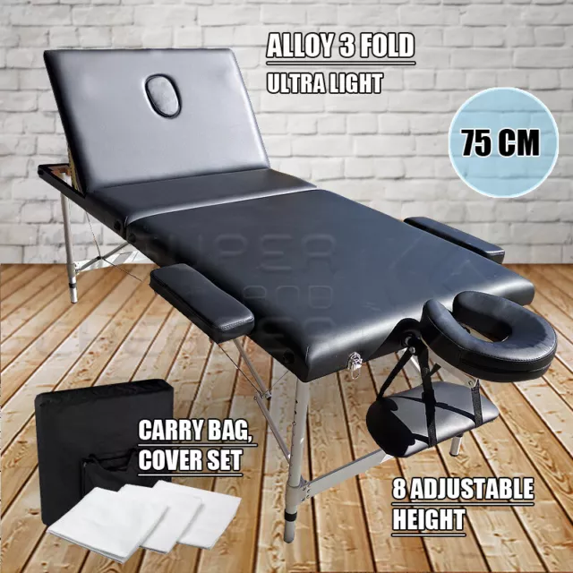 Portable Aluminium Massage Table 3 Fold Bed Therapy Waxing 75Cm Black