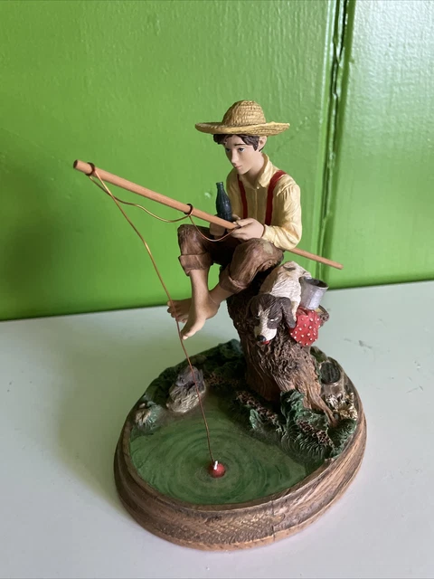 Vintage 1991 Norman Rockwell Boy Fishing Dog with COCA-COLA Figurine