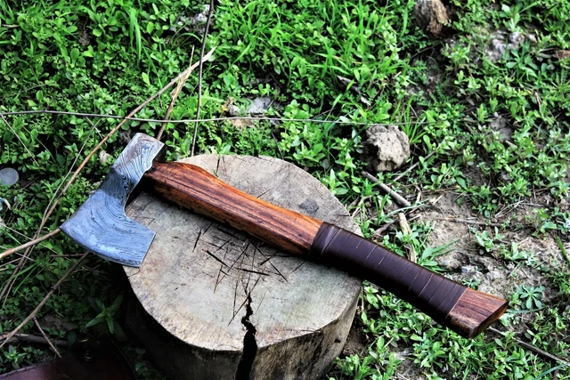 Elite Woodsman Outdoor Camping Hatchet Axe Damascus Steel Leather Grip handle