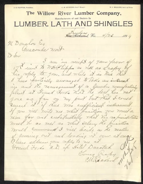 New Richmond, WI "The Willow River Lumber Company" 1899 Letterhead Scarce