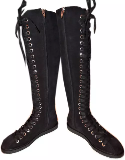 Alexander Wang Boots Emmanuel Knee High Suede Lace Up & Zipper Flat Booties 38.5 2