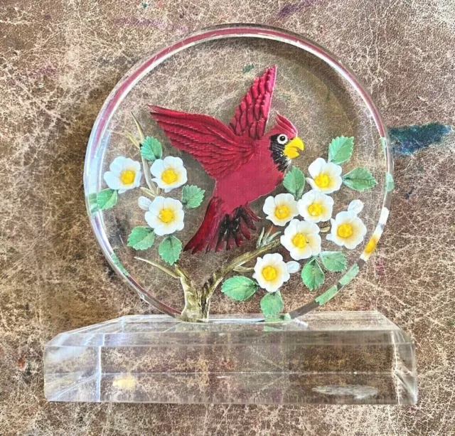 Vintage Reverse Carved Lucite Acrylic Flying Red Cardinal & Flowers Paperweight