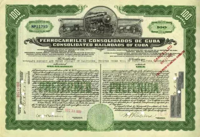 Consolidated Railroads of Cuba - Ferrocarriles Consolidados de Cuba - Stock Cert