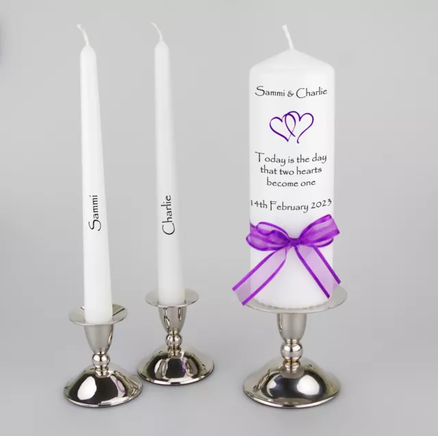 Personalised Wedding Unity Candle set with coloured Hearts and matching Ribbon