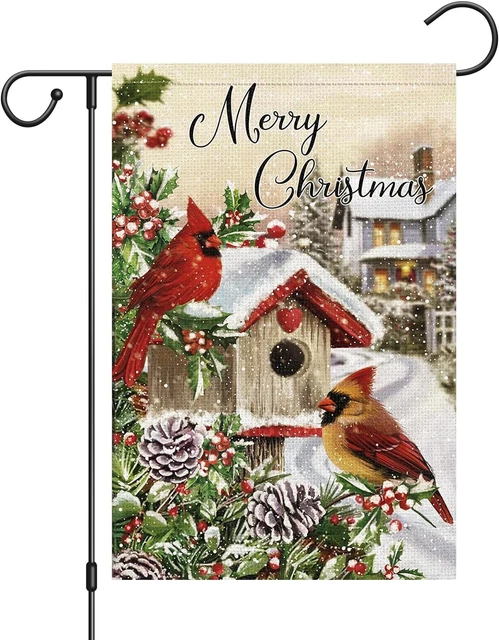 Merry Christmas Garden Flag Cardinal Red Bird House Welcome Winter Flags 12X18 I