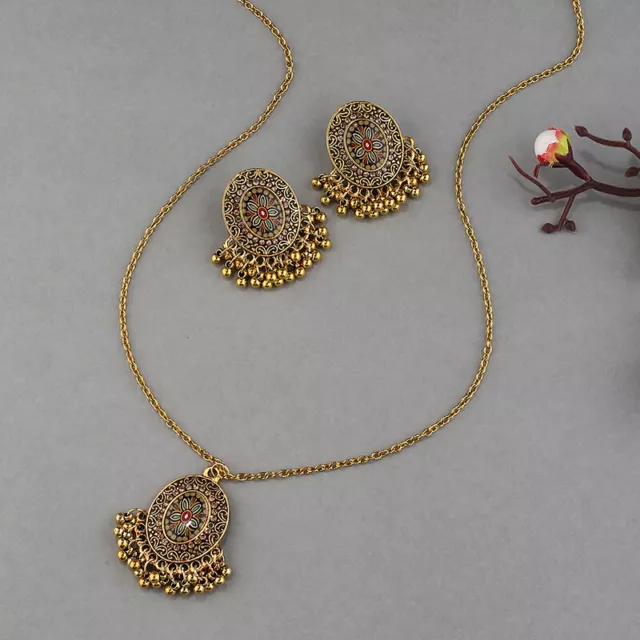 3Pcs Vintage Indian Wedding Jewelry Set For Women Ethnic Metal Necklace Earrings