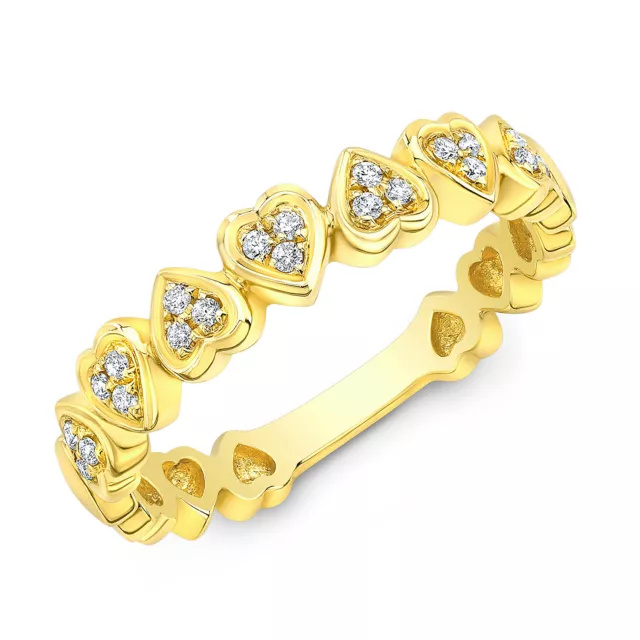 18k or Jaune Rond Diamants Pavé Coeurs Empillable Bague Anneau Femmes Naturel 3