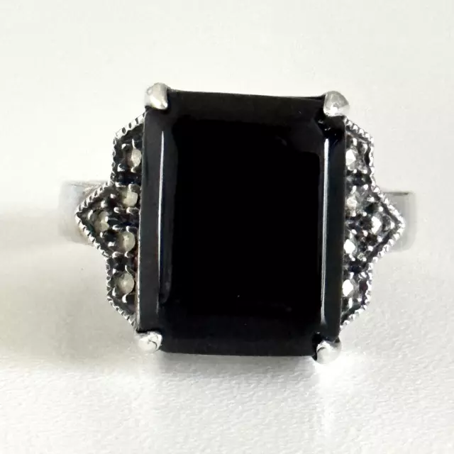 Judith Jack 925 Sterling Silver Vintage Black Onyx & Marcasite Ring Size 9.75