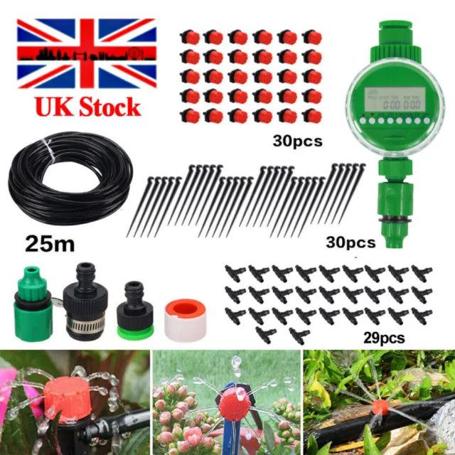 25M-75M Auto Micro Drip Irrigation System Kit Timer Sprinkler Garden Watering UK