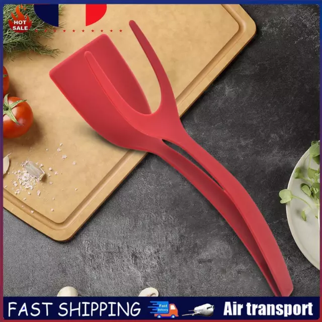 2 In 1 Egg Spatula Tongs Steak Spatula Tongs Clamp Kitchen Cooking Tool (Red) FR