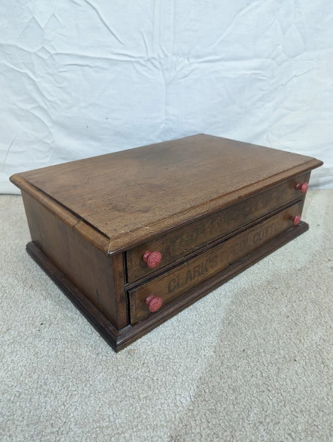 Antique Clark's Spool Cotton 2 Drawer Cabinet Wood Knob Handles Hand Painted